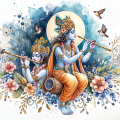 Watercolor illustration for the festival of vishu with a lord krishna and Side blown flute for social media poster created with generative ai	
 - obrazy, fototapety, plakaty
