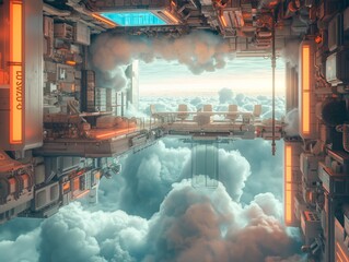 A futuristic cityscape with a bridge connecting two buildings. The sky is filled with clouds and the buildings are made of metal - obrazy, fototapety, plakaty