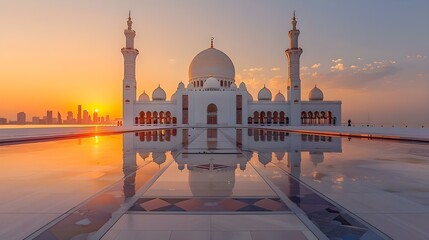 Sunset Serenity at Sheikh Zayed Mosque. Concept Landscape Photography, Architectural Beauty, Golden Hour, Tranquil Setting, Cultural Icon