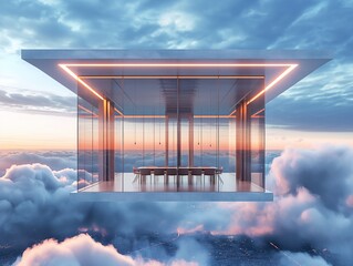 A futuristic building with a glass dome and a table inside. The building is surrounded by clouds and the sky is orange and pink - obrazy, fototapety, plakaty