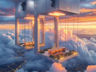 A futuristic cityscape with two buildings that are suspended in the air. The buildings are connected by a bridge and have large windows that allow for natural light to enter - obrazy, fototapety, plakaty