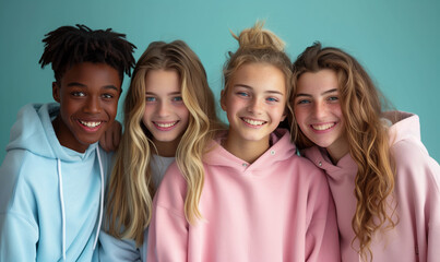 Group of interracial teenage schoolboys and girls in colorful sweatshirts on blue background