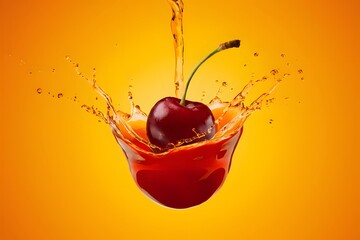 Cherry falling into lot juice A cherry dropping into a splash of juice - obrazy, fototapety, plakaty