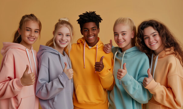 Group of happy interracial teenage schoolboys and girls in colorful sweatshirts showing thumbs up on beige background