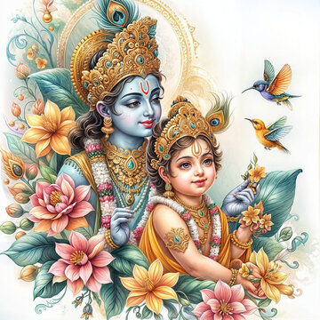 Watercolor illustration for the festival of vishu with a young lord krishna and konna flowers decoration for social media poster ads created with generative ai	