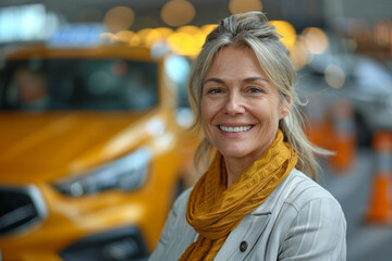 A happy and confident businesswoman smiles as she makes a vehicle purchase, epitomizing...