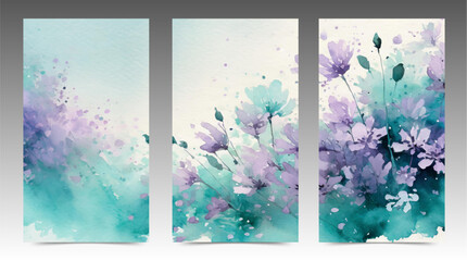 Watercolor cover collection. Floral pattern, abstract design, purple and turquoise colors. Elegant template for wedding, card, anniversary and special greeting.