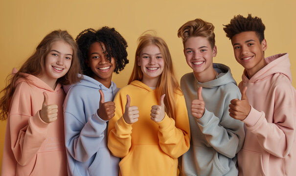 Group of happy interracial teenage schoolboys and girls in colorful sweatshirts showing thumbs up on beige background