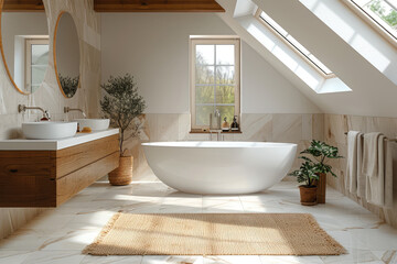  A bright and airy bathroom with natural light streaming in through skylights, featuring an elegant freestanding bathtub on the right side of the frame, two sink cabinets to the left side of the frame