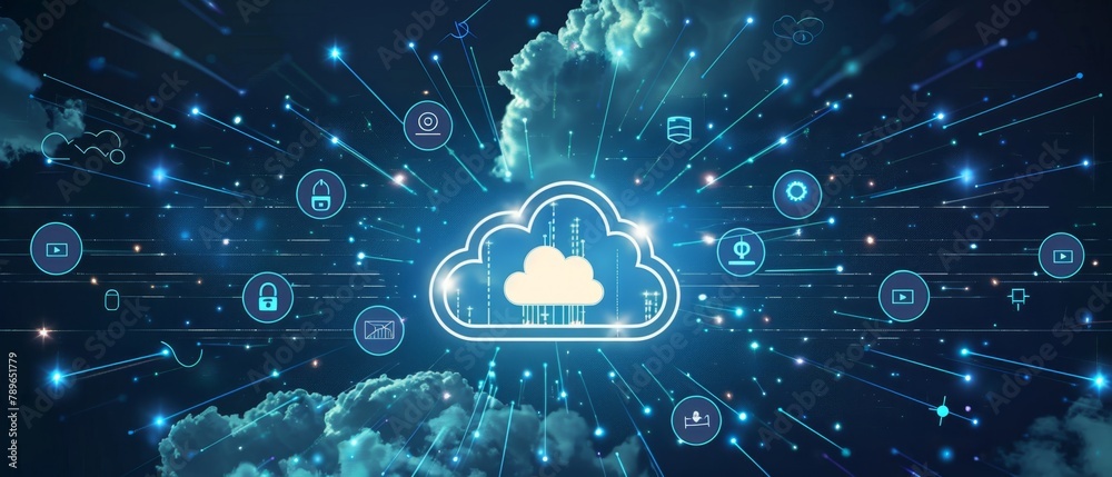 Poster a digital illustration of cloud technology with icons representing data and network connection on a 