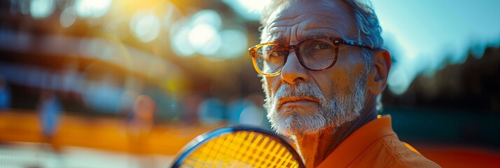 A positive portrait of a senior man enjoying recreational tennis, radiating health - obrazy, fototapety, plakaty