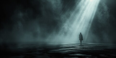 In the night, a solitary man walks through the fog, engulfed by feelings of loneliness - obrazy, fototapety, plakaty