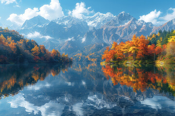 Beautiful scenery of mountains and trees, lake reflection, autumn colors, digital art style, fantasy world. Created with Ai