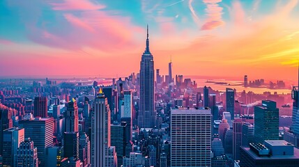 Sunset Hues over the Manhattan Skyline. Concept Cityscape photography, Manhattan skyline, Sunset hues, Urban landscapes, City lights - obrazy, fototapety, plakaty