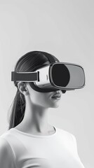 Woman wearing virtual reality headset, exploring a digital world