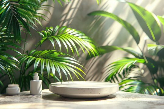  A clean, minimalist background with soft sunlight filtering through the window, casting gentle shadows on an empty white stone plate and a small palm plant in a wooden vase. Created with Ai