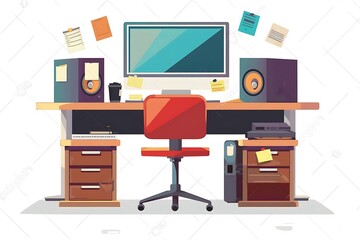 Office workstation design. Office workstation with personal computer speakers paper folders printer flat design vector illustration .