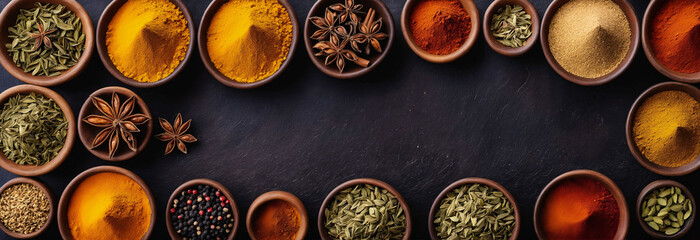 Aromatic spices and herbs in metal and ceramic bowls. Top view. 