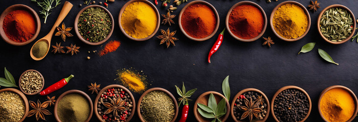 Spices and herbs in metal bowls and wooden spoons. Food and cuisine ingredients.