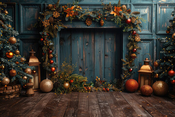 Christmas photography backdrop, dark blue wooden floor with lanterns and Christmas decorations around the edge of the frame. Created with Ai