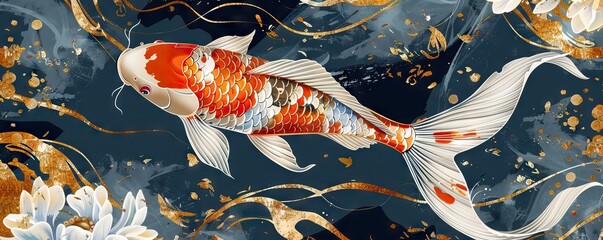 Asian background ,Oriental Japanese style abstract pattern background design with koi fish decorate in water color texture. AI generated illustration