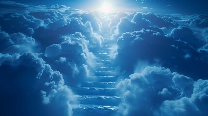 A stairway in the cumulus clouds connects the world with the sky - obrazy, fototapety, plakaty