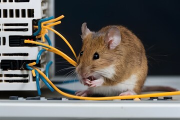 Rodent sabotage mouse damaging computer wires Mischievous mouse gnawing on and damaging computer wires - obrazy, fototapety, plakaty