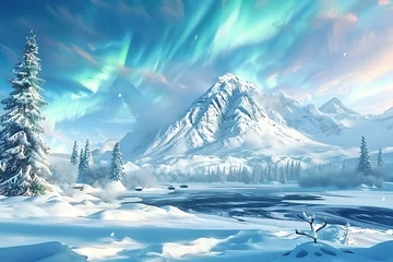 Foto auf Alu-Dibond Peaceful winter landscape with aurora borealis in the sky . © crescent