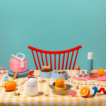 Colorful Breakfast and Dog Toys Setup
