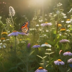 A sunlit meadow with wildflowers and butterflies2