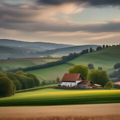 A peaceful countryside scene with rolling hills and a farmhouse4