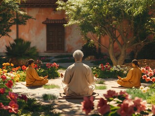 Three people are sitting in a garden, meditating. The garden is filled with flowers and trees, creating a peaceful and serene atmosphere. The people are dressed in traditional clothing - obrazy, fototapety, plakaty