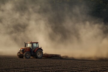 Tractor plowing a field with dust being kicked up by the tractor, tractor plowing in the field, tractor closeup, tractor tire closeup, tractor tire in the field closeup, modern plowing with tractor