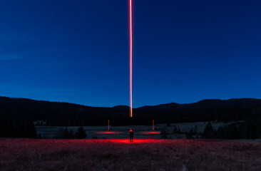 Weird landscape with red line star sky