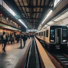 A bustling train station with commuters and trains5