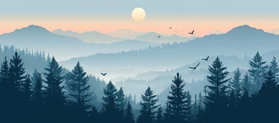 illustration of mountain landscape with forest and flying birds under cloudy sky with dawn. AI generated illustration - obrazy, fototapety, plakaty