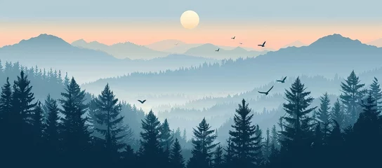 Fotobehang illustration of mountain landscape with forest and flying birds under cloudy sky with dawn. AI generated illustration © Or