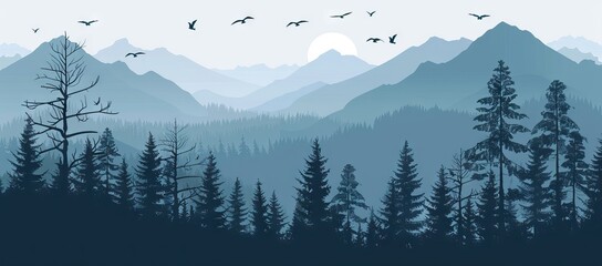 Fototapeta na wymiar illustration of mountain landscape with forest and flying birds under cloudy sky with dawn. AI generated illustration