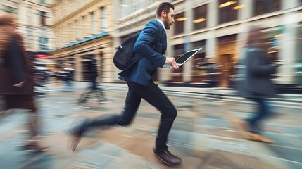 Dynamic Image of a Businessman Rushing on City Street. A Professional on the Move. Hurrying to Work in Urban Setting. Fast-paced Lifestyle Represented. AI