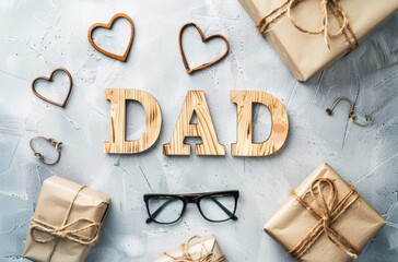 Elegant flat lay arrangement of Father's Day gifts, glasses, and wooden 'DAD' letters, capturing the spirit of the holiday. - Powered by Adobe