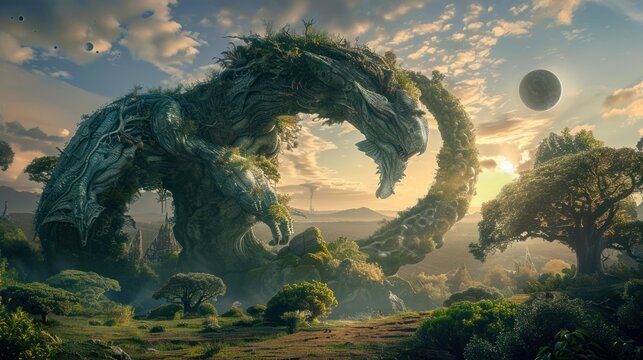A giant dragon-like creature made from plants and vines, standing in a hilly field with trees and planets in the background. The sky is overcast and the sun is setting on the left side of the scene.