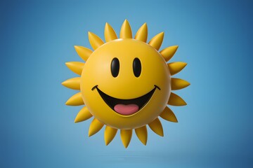View 3D smiley happy sun with blue background Bright 3D smiley sun character against a cheerful blue backdrop - obrazy, fototapety, plakaty