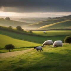 A peaceful countryside scene with rolling hills and grazing sheep2