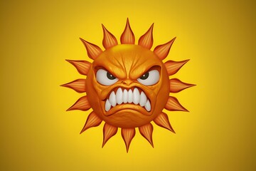 View 3D angry sun with yellow background Expressive 3D depiction of an angry sun on yellow background - obrazy, fototapety, plakaty