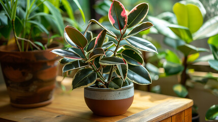 Variegated rubber plant leaves with red edging