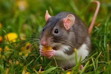 view Cute rat small  eating fruit green autumn grass Small rat munching on fruit while nestled in...