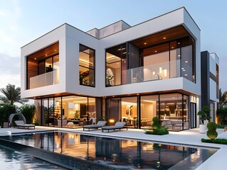 Modern single-family house of geometric shapes with white colors and glass finishes at sunset