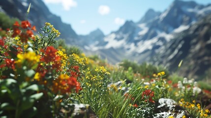A Vibrant Alpine Meadow with Colorful Wildflowers, a Tapestry of Nature’s Beauty Unfolding Beneath Mountain Peaks - obrazy, fototapety, plakaty