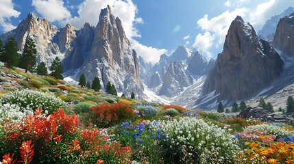A Vibrant Alpine Meadow with Colorful Wildflowers, a Tapestry of Nature’s Beauty Unfolding Beneath Mountain Peaks