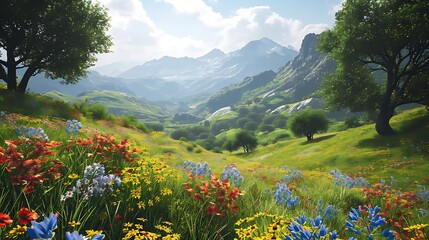 A Vibrant Alpine Meadow with Colorful Wildflowers, a Tapestry of Nature’s Beauty Unfolding Beneath Mountain Peaks